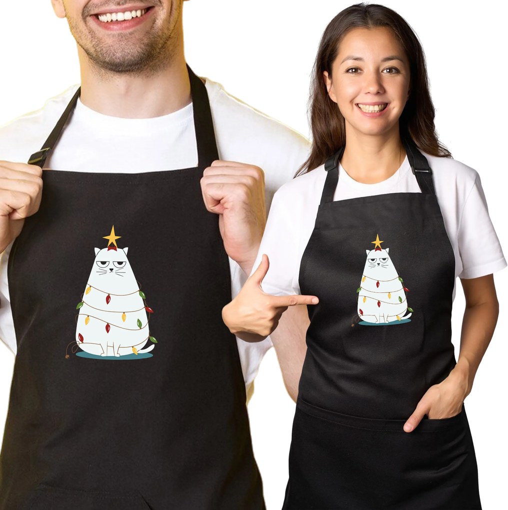 Konyhai kötény nyomtatott ajándék karácsonyra Cica karácsonyfa