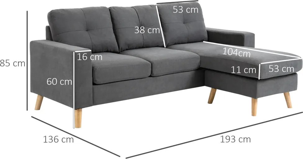 HOMCOM Sarokkanapé 3 személyes, vászonhatású, megfordítható heverő, szürke