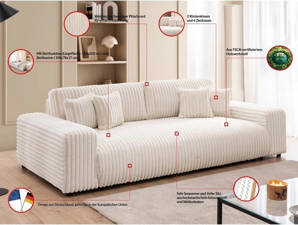 Krémszínű kordbársony kinyitható-tárolóhelyes kanapé 260 cm Justin – Ropez