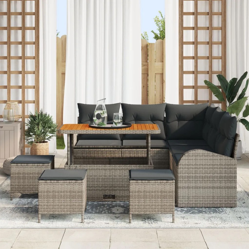 8 darabos kerti kanapészett párnákkal, szürke poli rattan akáccal, 2 személyes kerti kanapé párnákkal, szürke poli rattan, 3 darabos kerti étkezőszett párnákkal, szürke poli rattan akáccal