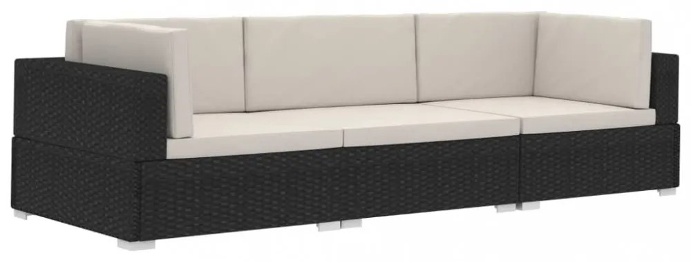 3 darabos fekete polyrattan kerti ülőgarnitúra párnákkal