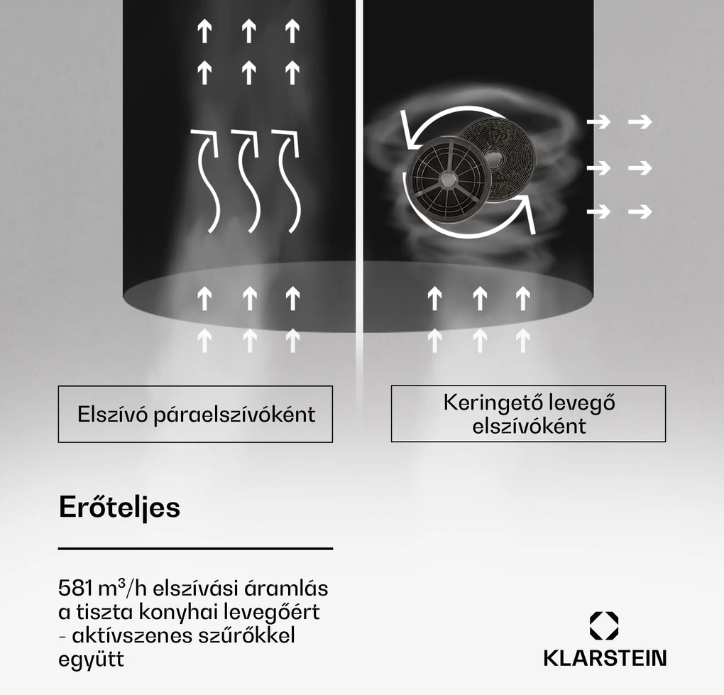 Klarstein Beretta Premium Smart, sziget páraelszívó, 544 m³/h, alkalmazás, elszívás/légkeringetés, LED, aktívszenes szűrő