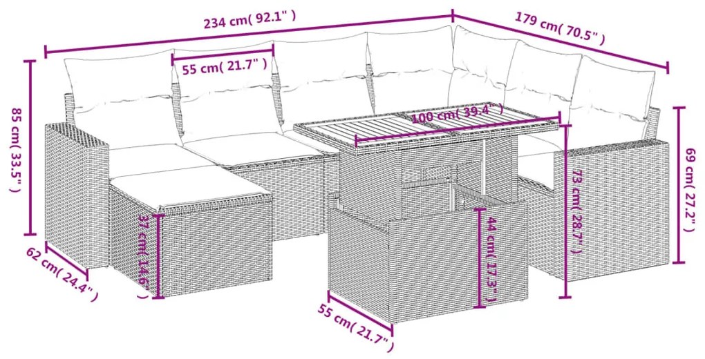 8 részes bézs polyrattan kerti ülőgarnitúra párnával