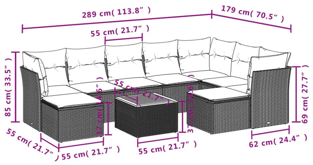 10 részes fekete polyrattan kerti ülőgarnitúra párnákkal