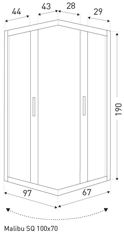 Malibu SQ 100x70 szögletes zuhanykabin zuhanytálca nélkül