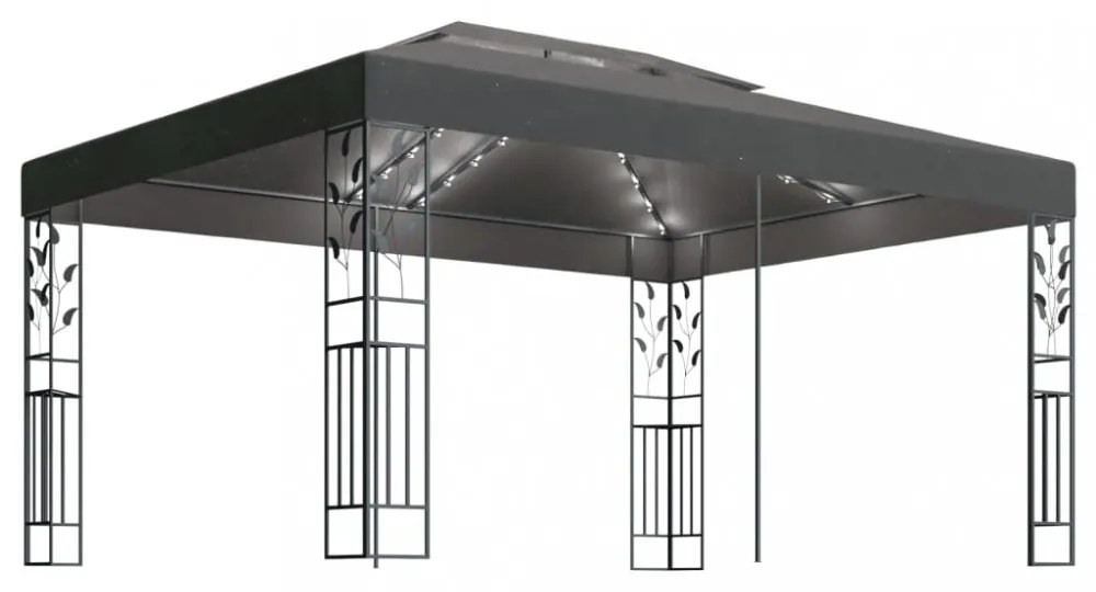 antracitszürke dupla tetős pavilon LED fényfüzérrel 3 x 4 m