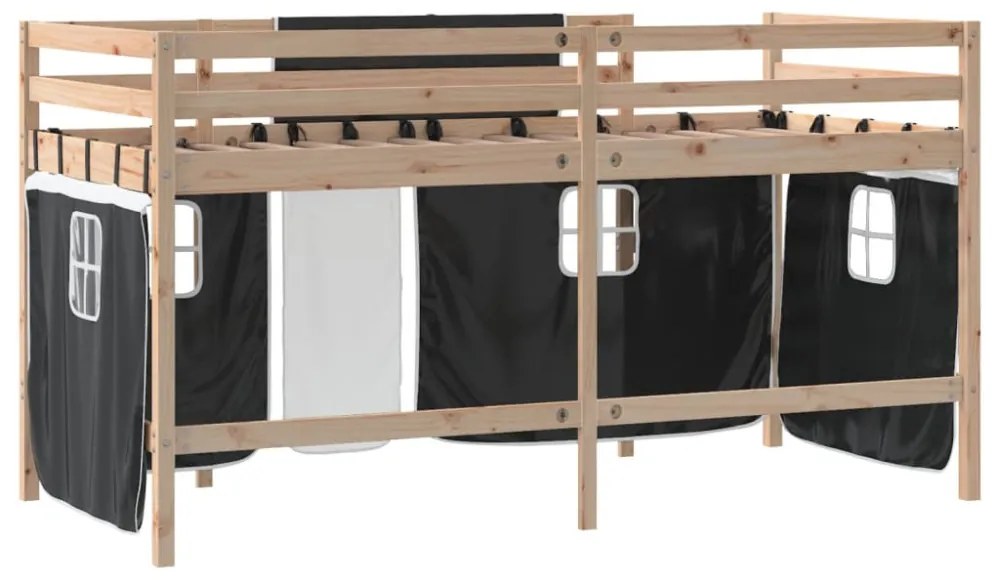 fehér-fekete tömör fenyő gyerek galériaágy függönnyel 90x190 cm