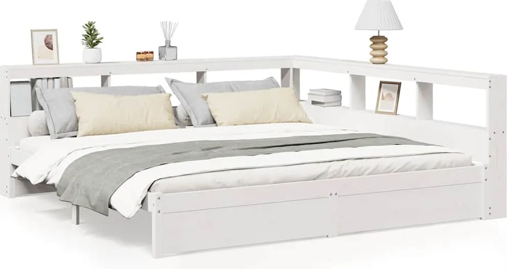 vidaXL fehér tömör fenyőfa könyvespolcos ágy matrac nélkül 180x200 cm