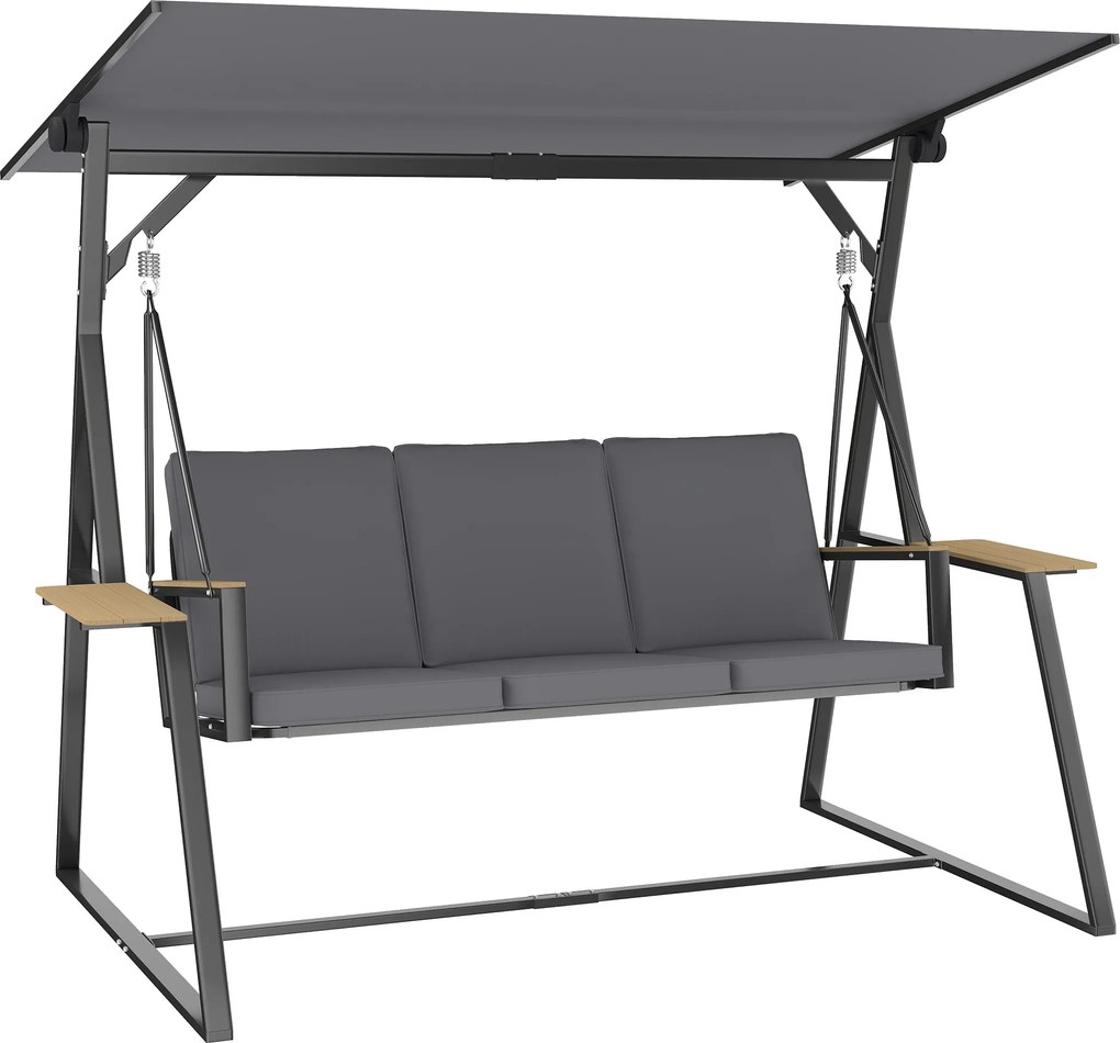 Outsunny 3 személyes kerti hinta állítható UPF50+ napellenzővel, 2 oldaltálcával, párnákkal és fémsvázzal — erkélyre, teraszra — 360 kg, 222 x 131 x 1