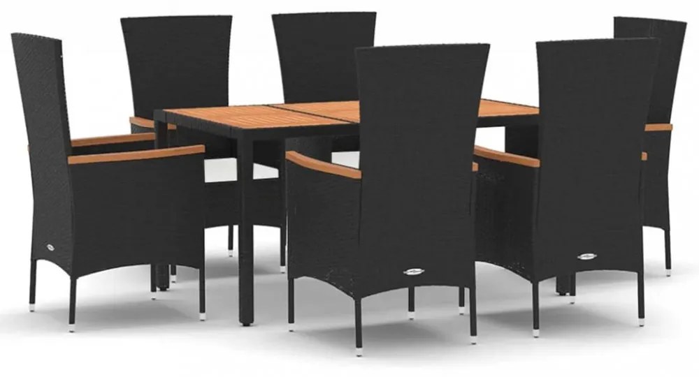 7 részes fekete polyrattan kerti étkezőgarnitúra párnával