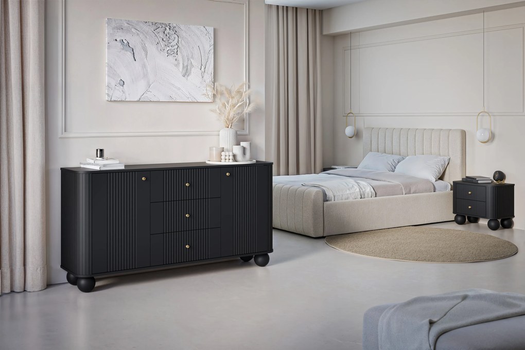 Vesper fiókos komód 160 cm - fekete / arany fogantyúk / gömb lábak