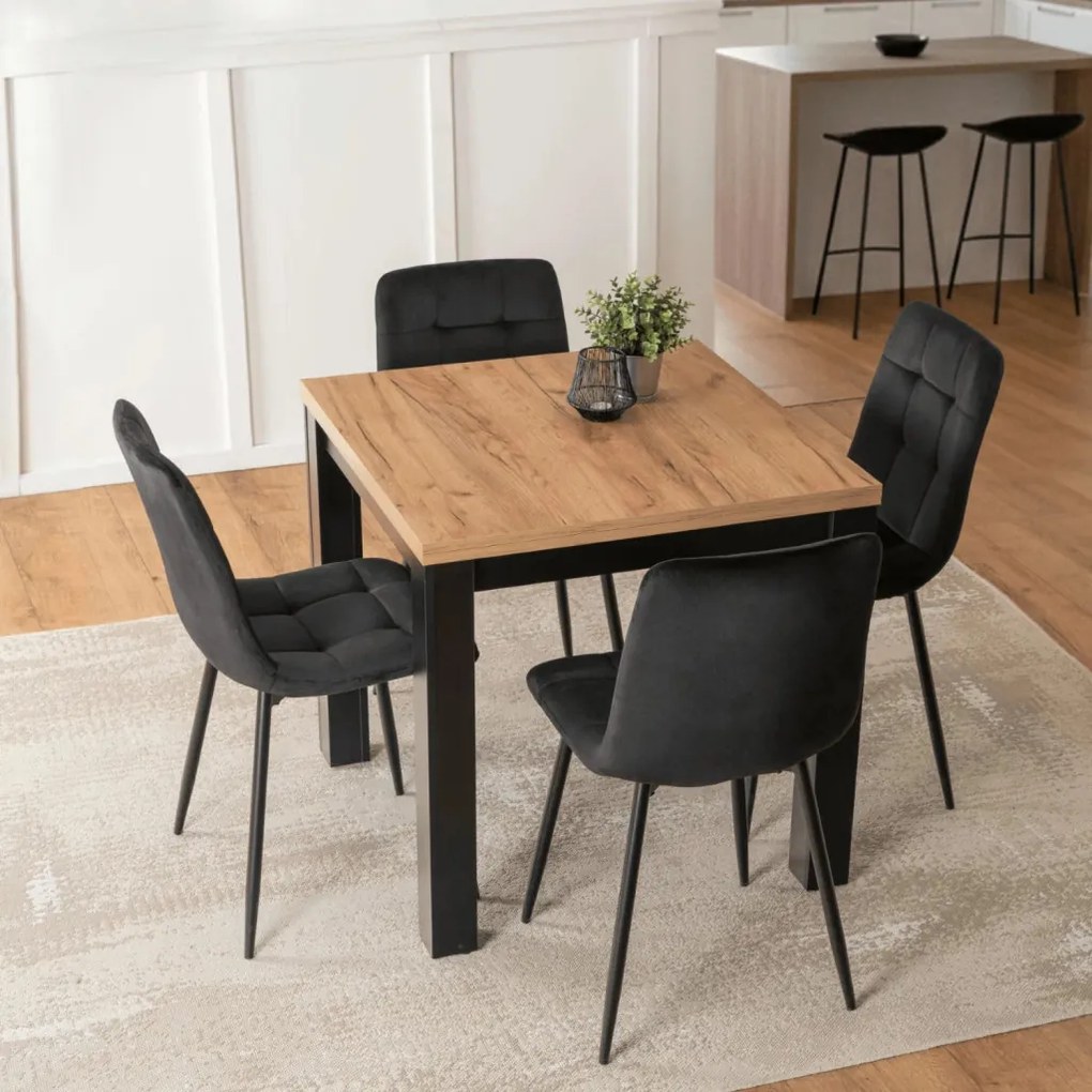 szett étkezőasztal MAX 80-160 cm craft tölgy/fekete és 4 szék PERU fekete
