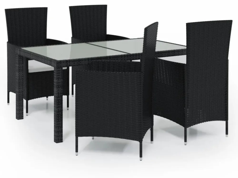 5 részes fekete polyrattan kültéri étkezőszett párnákkal
