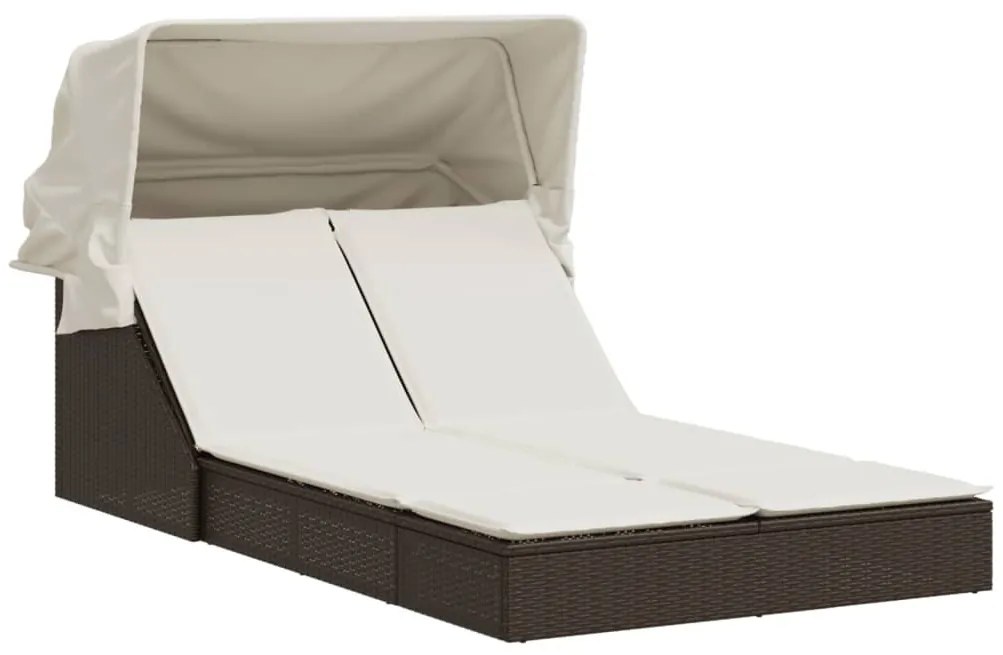 Barna polyrattan dupla napozóágy tetővel és párnával