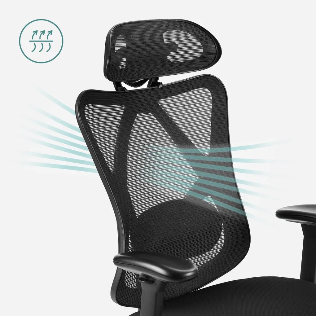 Irodai ergonomikus szék, állítható deréktámasszal és fejtámlával, fekete