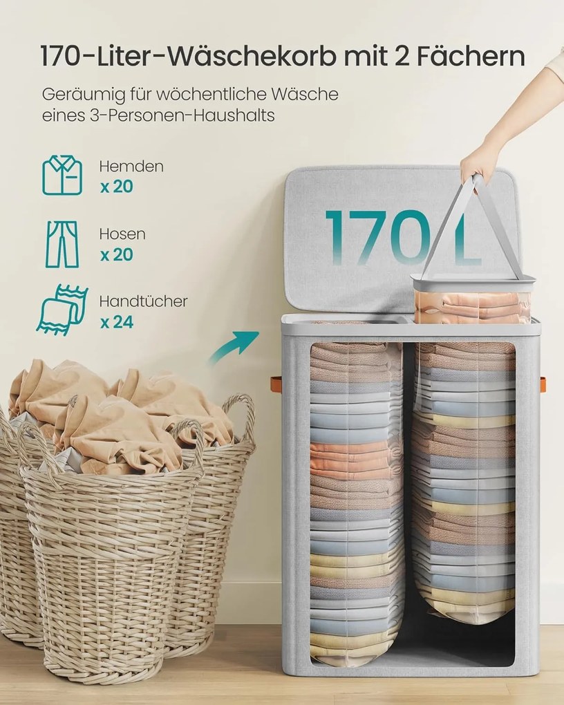 SONGMICS szennyestartó kosár 170 L, 56 × 40 × 75 cm, szürke