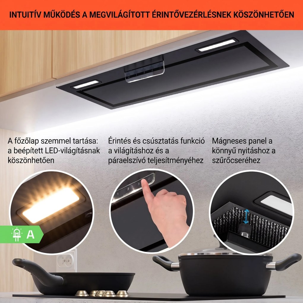 Klarstein Beépíthető páraelszívó Camila 70 cm 380 m³/ó LED touch rozsdamentes acélból