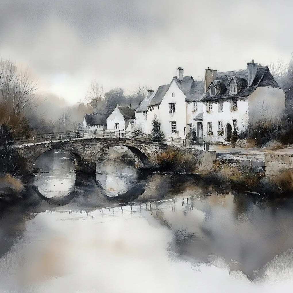 Vászonkép Canvas Anglia Falu Házak Falu Folyó Híd Nosztalgia 80x80