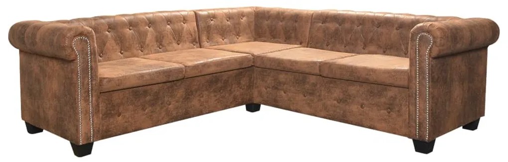5 személyes barna műbőr Chesterfield sarokkanapé