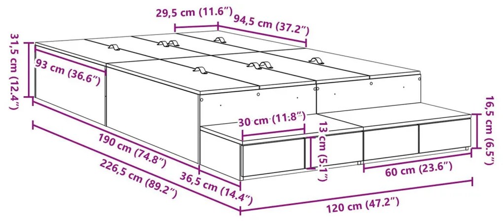 Ágykeret tárolóval Beton Szürke 226.5 x 120 x 31.5 cm Faanyag