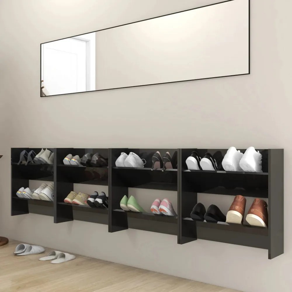 4 db magasfényű fekete szerelt fa fali cipősszekrény 60x18x60cm
