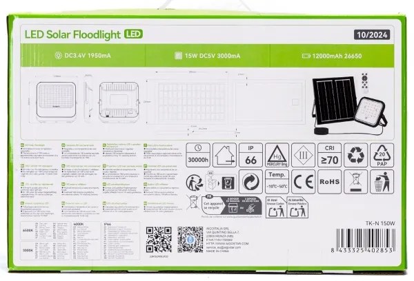 Aigostar - Fényerőszabályozható LED napelemes fényvető LED/150W/3,4V IP66 + távirányító