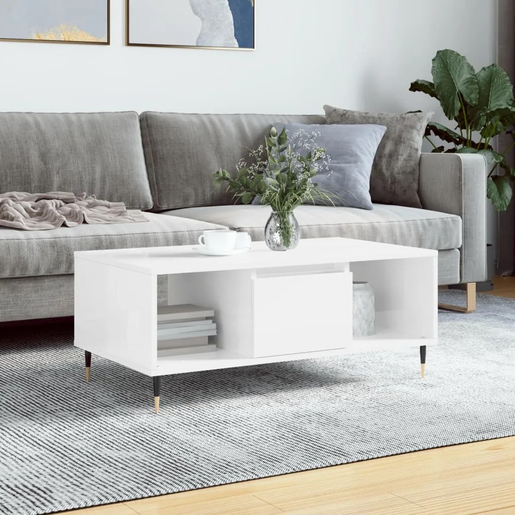 Magasfényű fehér szerelt fa dohányzóasztal 90 x 50 x 36,5 cm