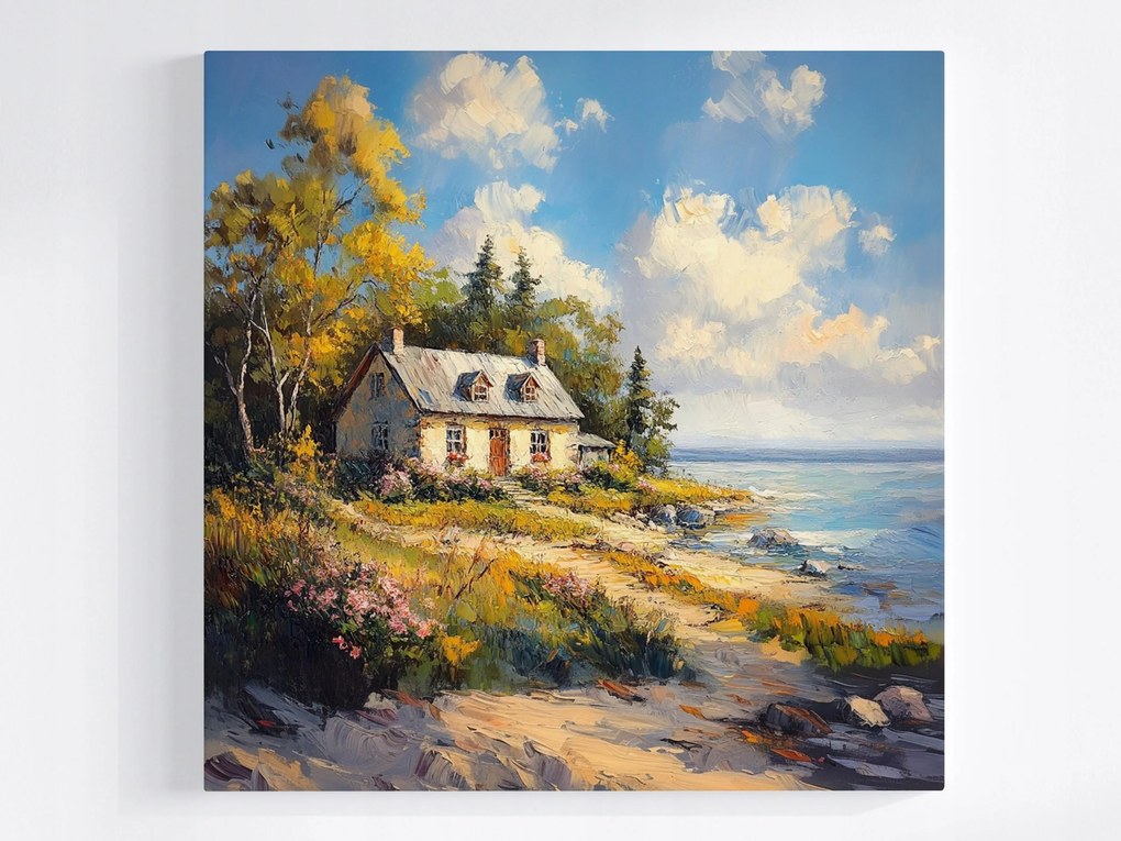 Poszter Tájkép Ház Tengerpart Virágok Hygge 80x80