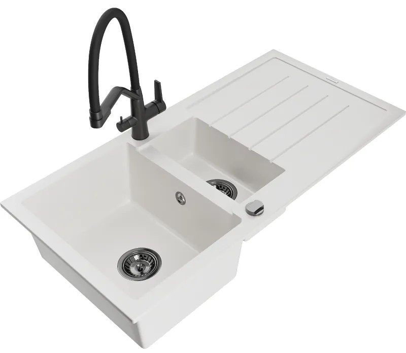 Mexen Andres gránit mosogató 1,5-medencés csepegtetővel és Duo konyhai csapteleppel, fehér - 6515-20-671701-70-B