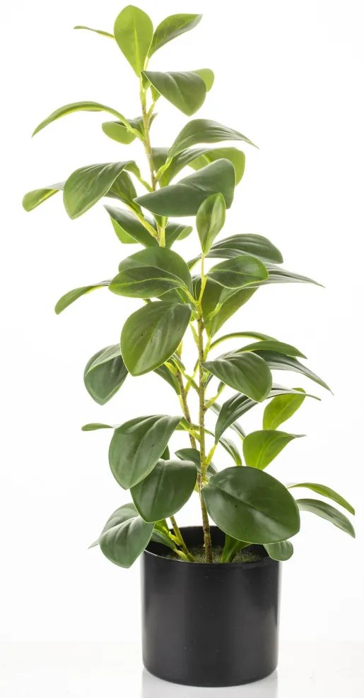 Fekete cserepes zöld babérmeggy műnővény élethű művirág levelekkel 42x25x15cm
