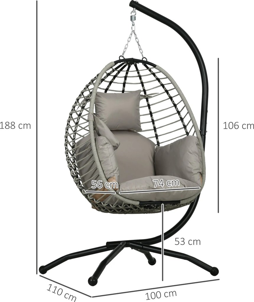 Outsunny Hajtható Függő Tojáshinta Párnával és Állvánnyal, Belső és Külső Használatra, Fém, Polipropilén Kötél, Szürke, 110L x 100W x 188H cm | Aosom