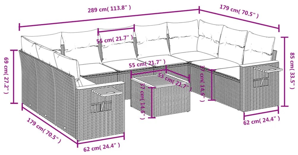 10 részes fekete polyrattan kerti ülőgarnitúra párnákkal