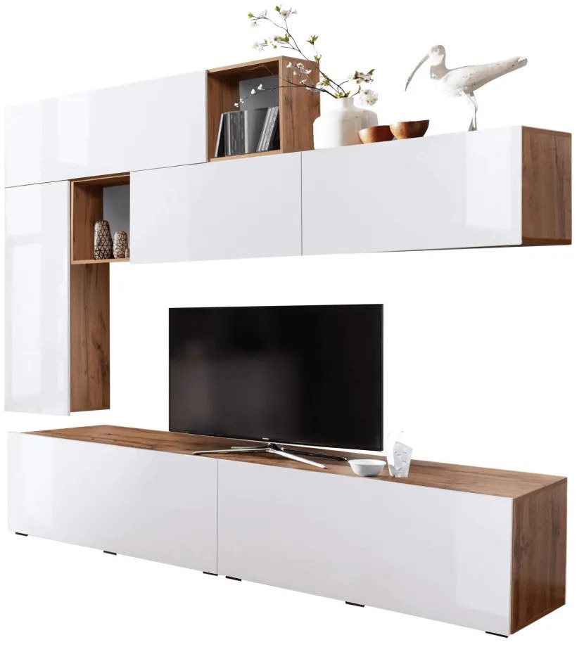 Nappali fal, fehér extra magas fényel HG/tölgyfa wotan, MIRALDA