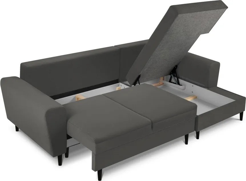 Sötétszürke kordbársony kinyitható tárolóhelyes sarokkanapé (jobb oldali-heverő résszel) Kyoto – Cosmopolitan Design