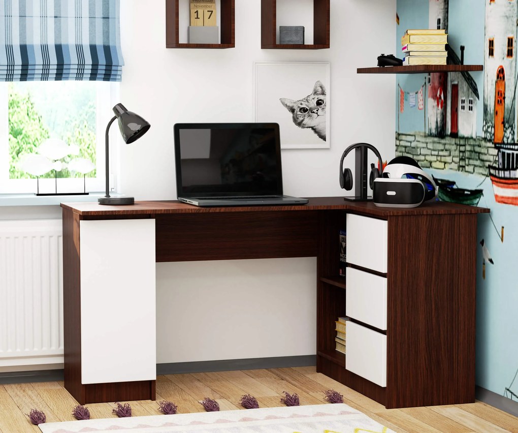 Sarok PC asztal Bevin (wenge + fehér) (J). Akció -15%. 1069145