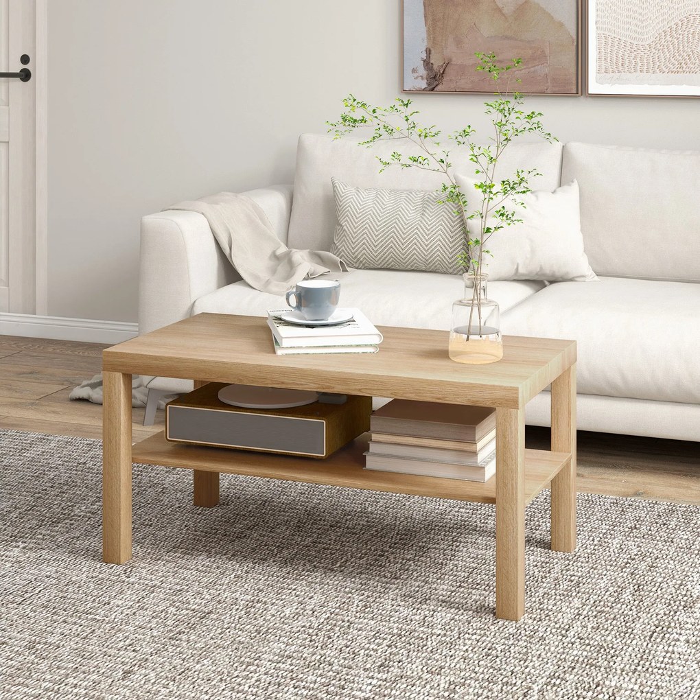 HOMCOM Kávézóasztal Alacsony Asztal a Nappaliba 2 Tárolós Zsúfolópolccal 90x45x44.5 cm Természetes | Aosom