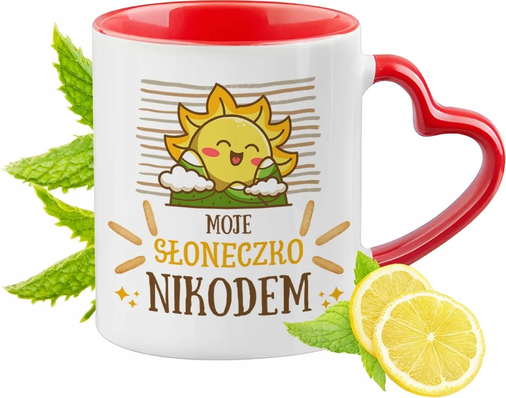 Piros bögre szív alakú füllel Nikodémusnak Ajándék