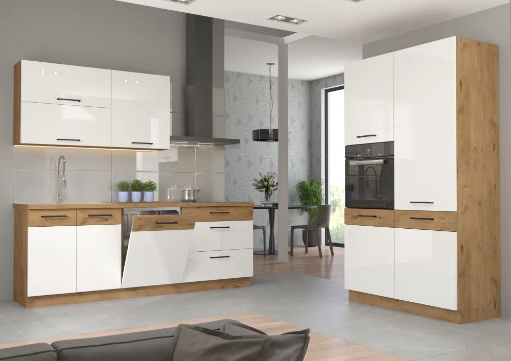 Magas szekrény beépített sütőnek, lancelot tölgy/ fehér extra magas fényű HG, VEGA 60 DP-210 2F