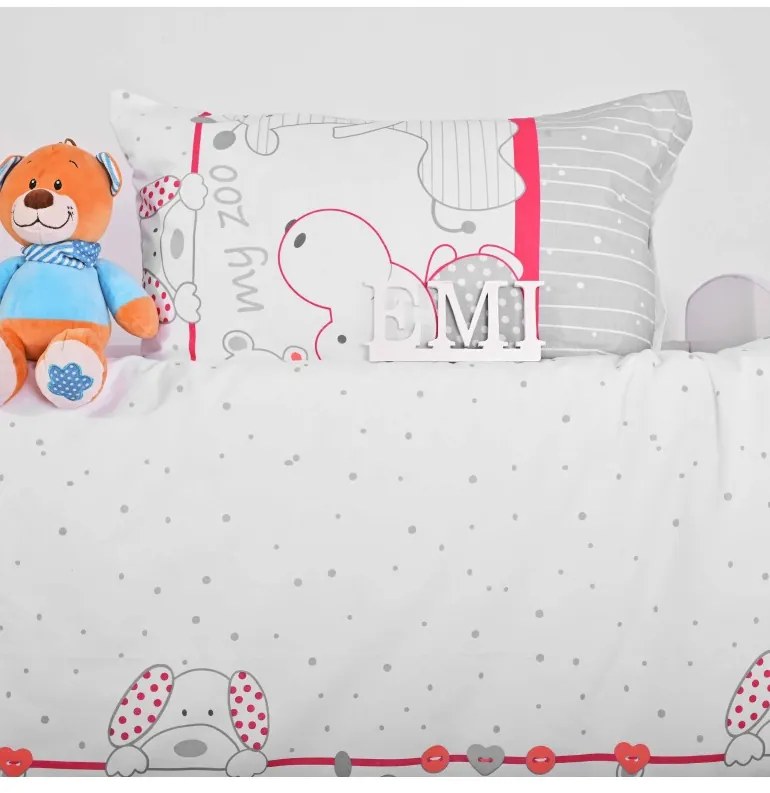 EMI ZOO szürke-piros gyermek ágyneműhuzat, Gyerekgarnitúra 90x130 + 45x65