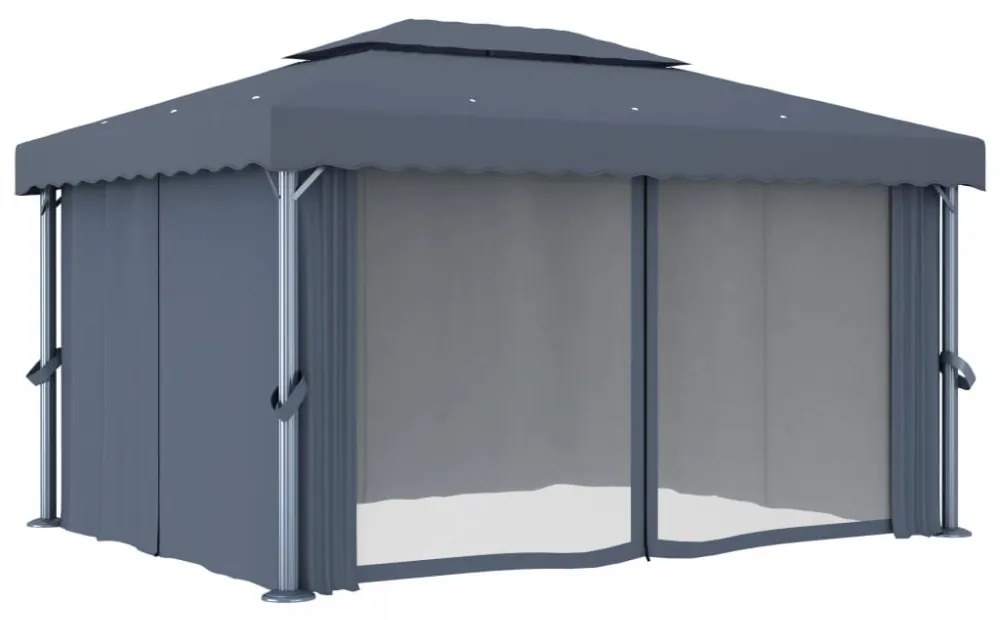 antracitszürke pavilon függönnyel és LED fényfüzérrel 4 x 3 m