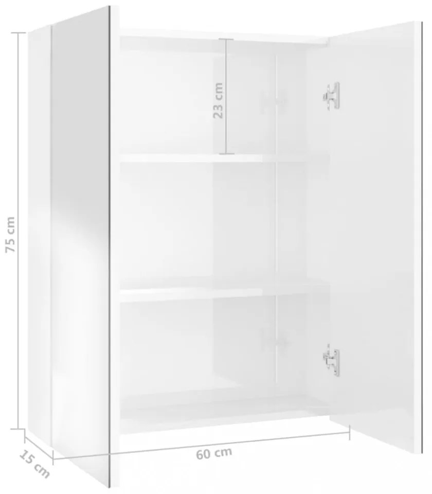 fényes fehér MDF tükrös fürdőszobaszekrény 60 x 15 x 75 cm