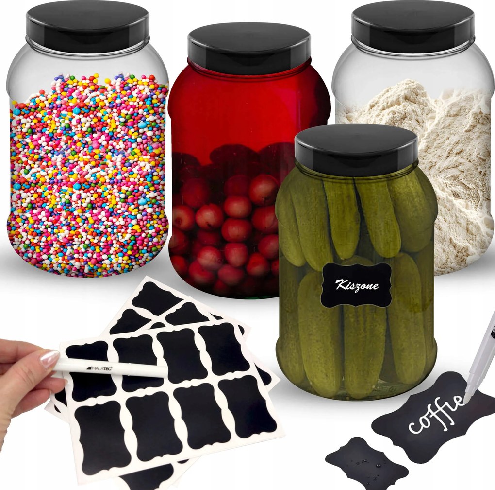 4x Nagy Befőttesüveg Műanyag Ételtároló Keksz 2,5L 2500ML Címkék