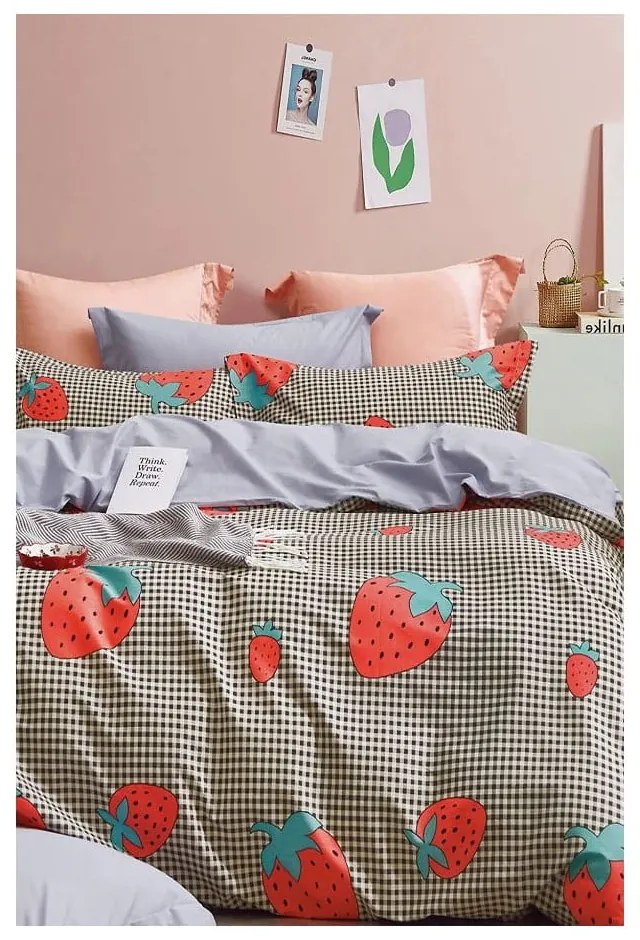 Egyszemélyes hosszabbított háromrészes renforcé pamut ágyneműhuzat lepedővel 160x220 cm Strawberry – Mila Home