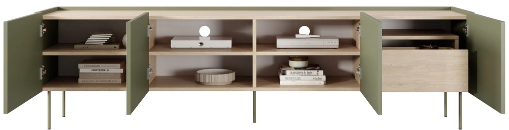 Desin 220 4D1SZ négyajtós TV-szekrény polccal - olívazöld / nagano-tölgy