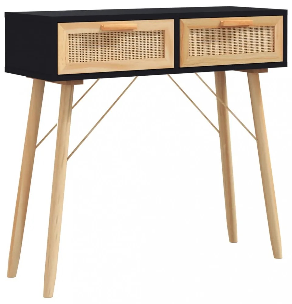 fekete tömör fenyő és természetes rattan tálaló 80x30x75 cm