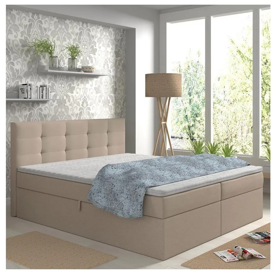Kárpitozott ágy matracokkal és topperrel, tárolóval EMBER 160x200 cm bézs