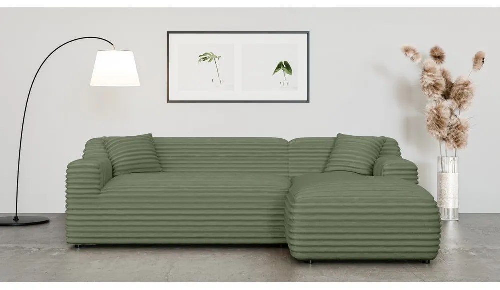 Zöld kordbársony sarokkanapé (jobb oldali-heverő résszel) Martin – Ropez