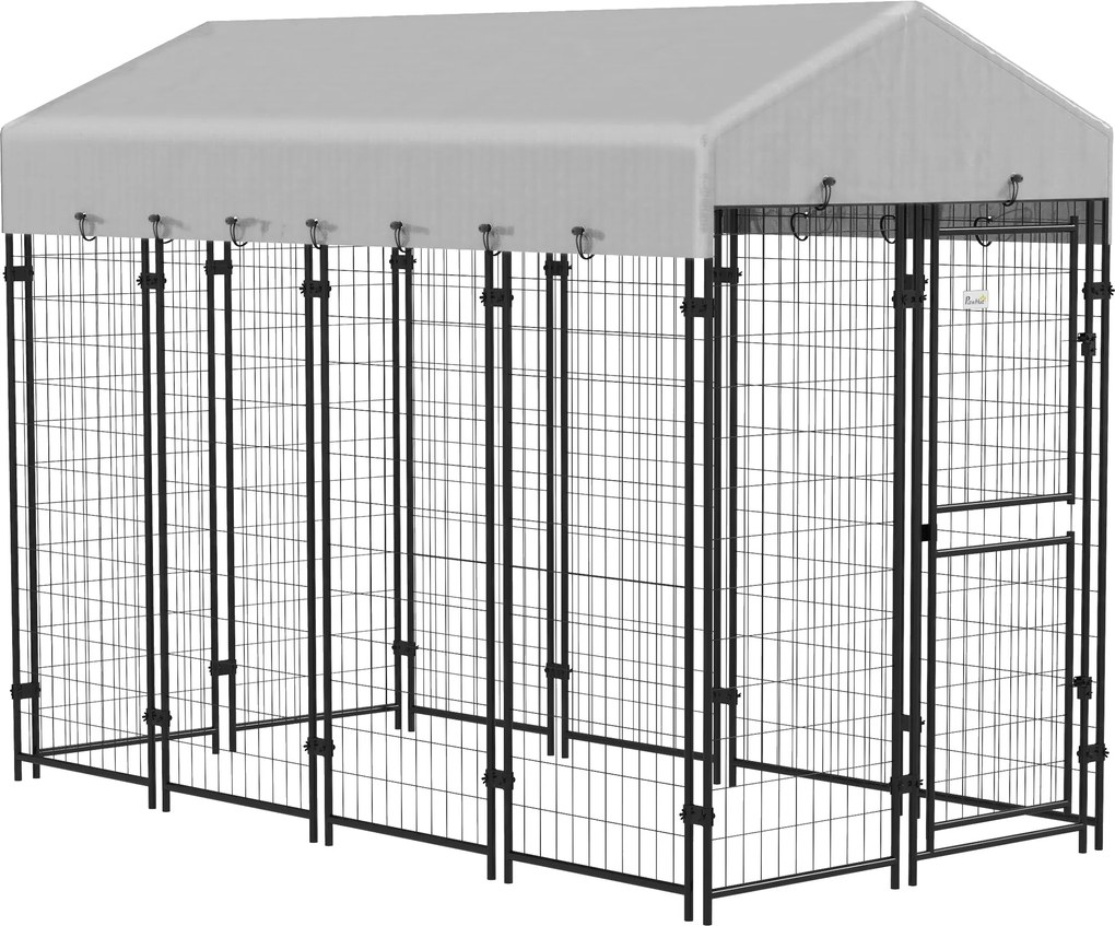 PawHut Kültéri Kutya Kennel, Nagy Fém Kutya Ketrec Anti-UV Vízálló Tetővel és Kétrekeszes Ajtóval, 239x121x183cm, Ezüst | Aosom