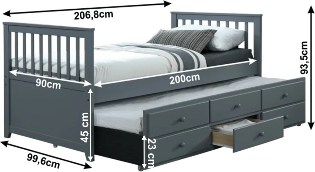 Ágy pótággyal, 90x200, szürke, AUSTIN NEW