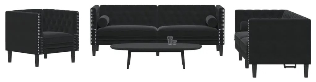 3 részes fekete bársony Chesterfield kanapészett párnákkal